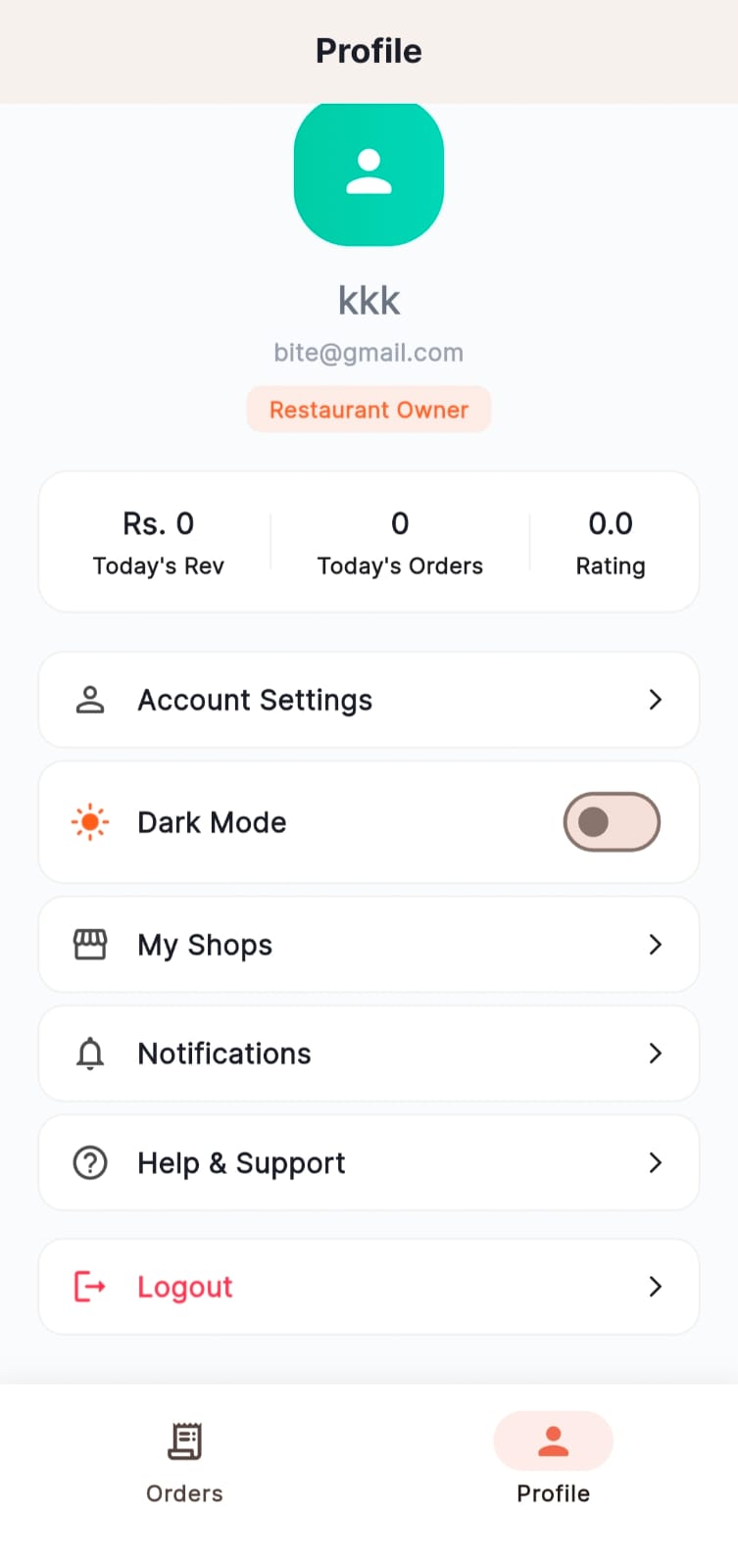 Restaurant owner profile showing user info, role badge, daily stats, and settings including Account Settings, Dark Mode, My Shops, Notifications, Help & Support, and Logout