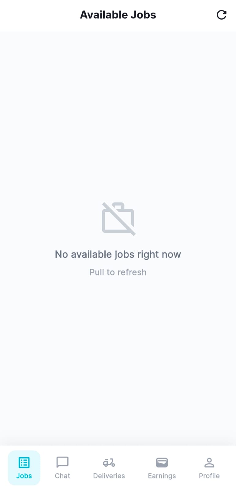 Rider available jobs screen with refresh button and bottom navigation showing Jobs, Chat, Deliveries, Earnings, Profile tabs