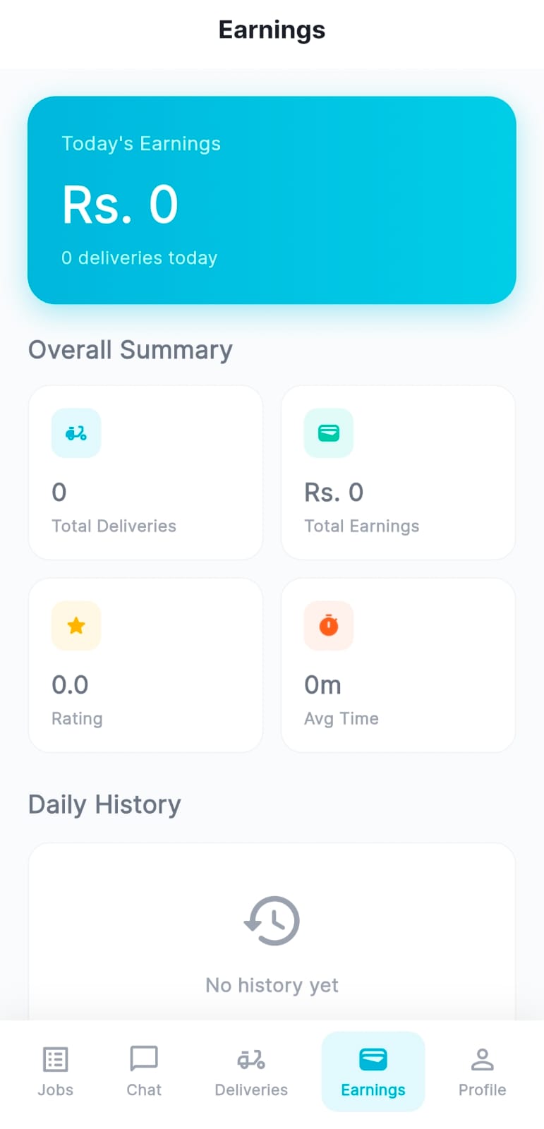 Rider earnings dashboard showing Today's Earnings card, Overall Summary with Total Deliveries, Total Earnings, Rating, and Avg Time, plus Daily History section