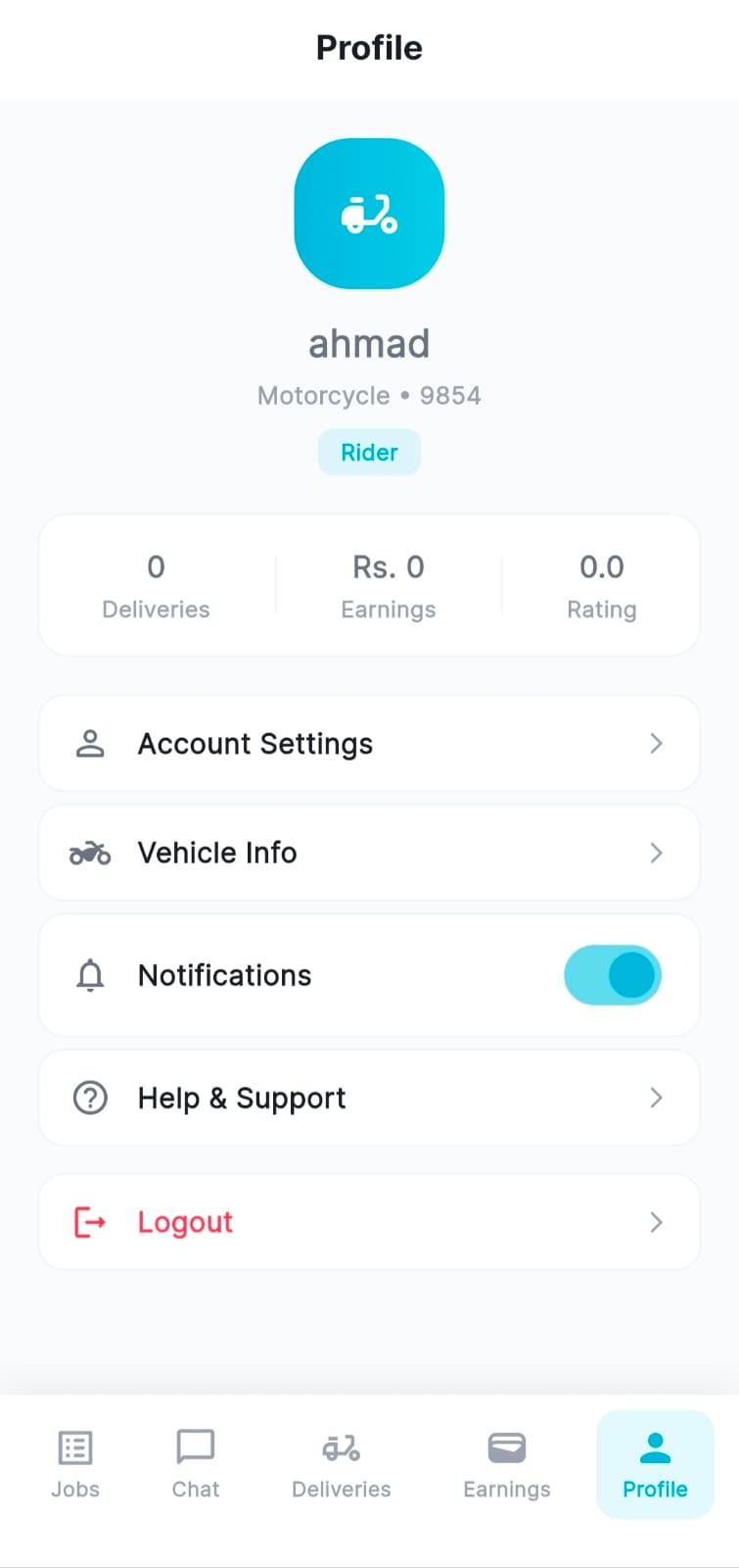 Rider profile showing avatar, name, vehicle info, Rider badge, stats for Deliveries, Earnings, and Rating, plus settings menu