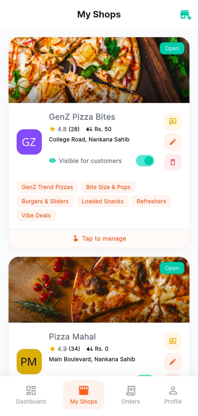 My Shops screen showing managed shops with cover images, ratings, delivery fees, locations, visibility toggles, category tags, and action buttons for editing and deleting