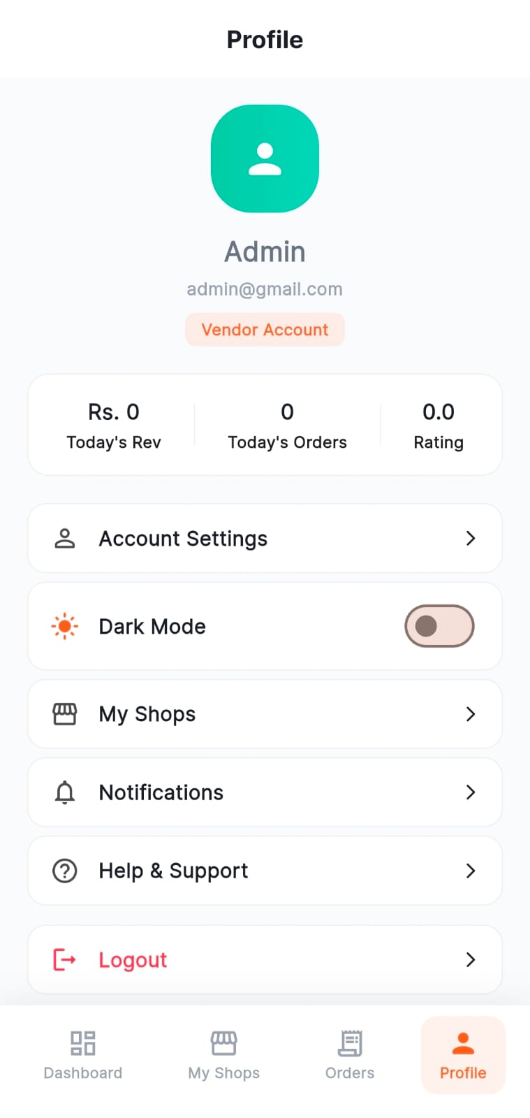 Admin profile showing Admin user with Vendor Account badge, daily stats, and full settings menu