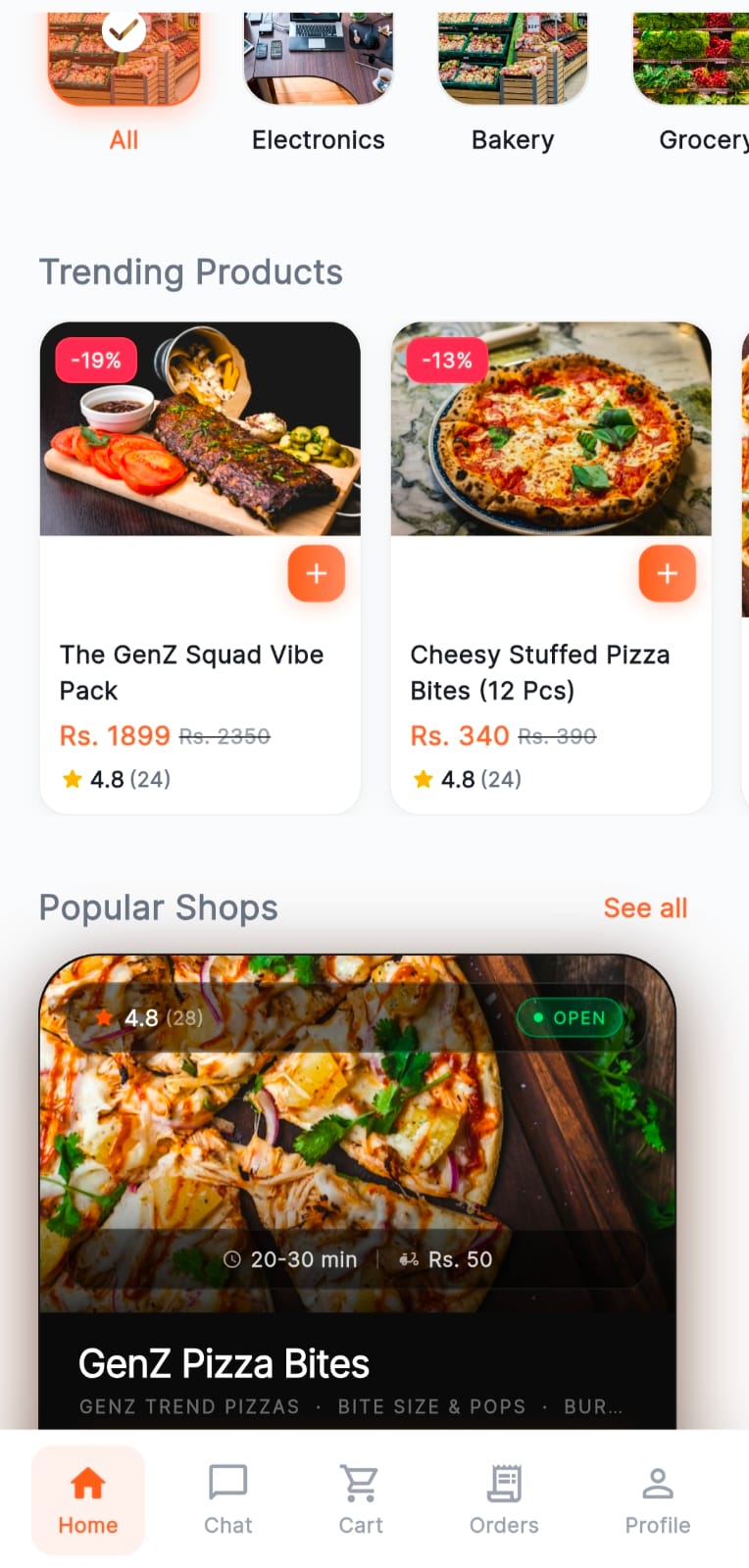 Trending products with ratings and popular shops section