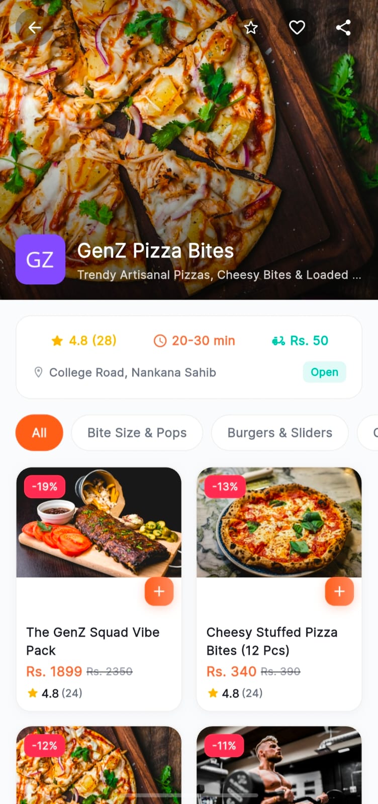 Shop detail page for GenZ Pizza Bites showing cover image, rating, delivery info, and product categories