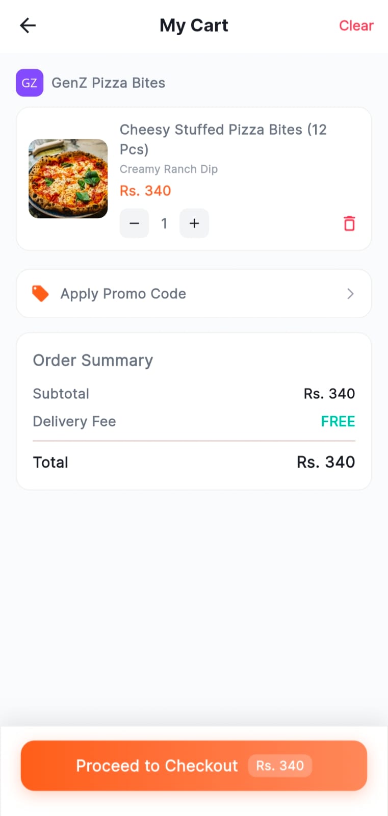 Shopping cart showing item quantity controls, promo code option, order summary with subtotal and delivery fee, and Proceed to Checkout button