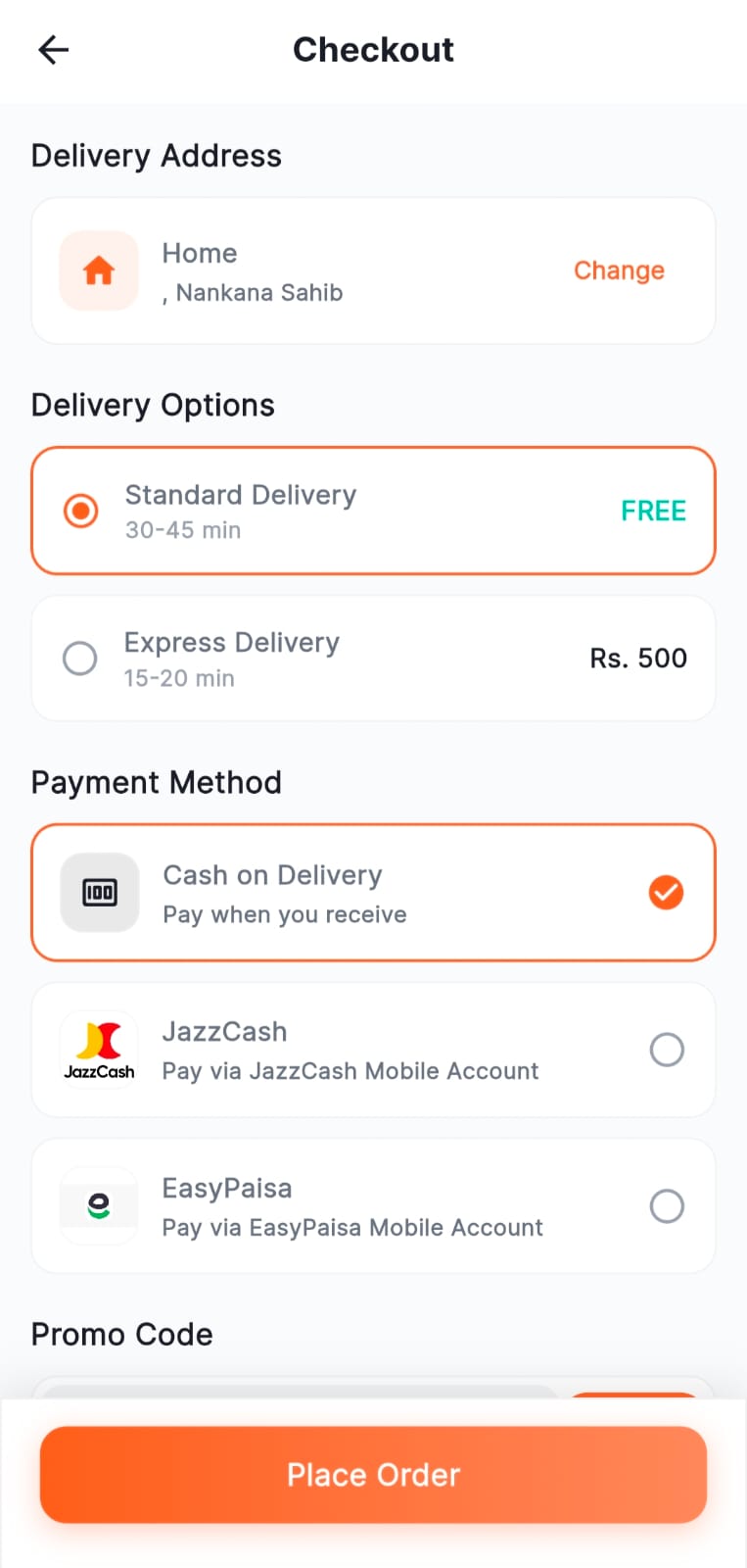 Checkout page with delivery address, delivery options, payment method selection including COD, JazzCash, and EasyPaisa