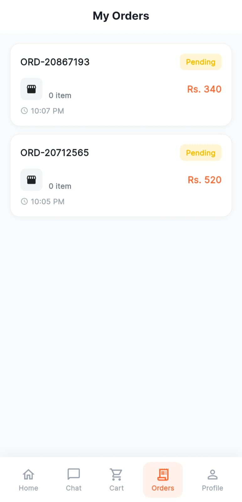 My Orders screen listing past orders with order IDs, pending status badges, item counts, totals, and timestamps