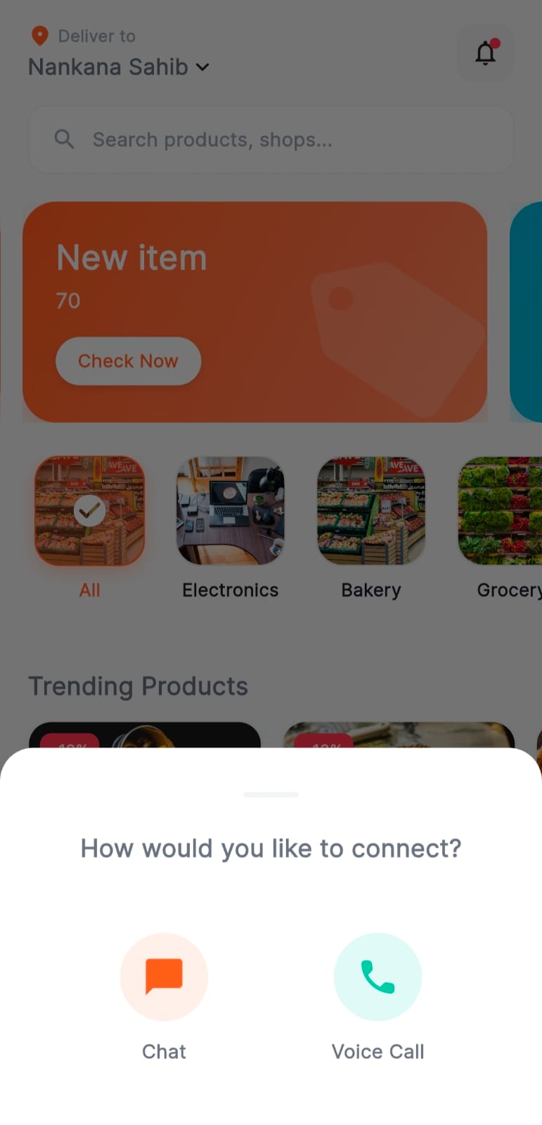 Customer support modal asking How would you like to connect with Chat and Voice Call options